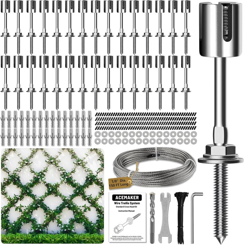 Acemaker Wire Trellis for Climbing Plants Outdoor, 30-Set Wall Wire Trellis Kit with 1/8in x 150ft Stainless Steel Cable, T316 Espalier System for Fence and Garden DIY Projects - Image 1